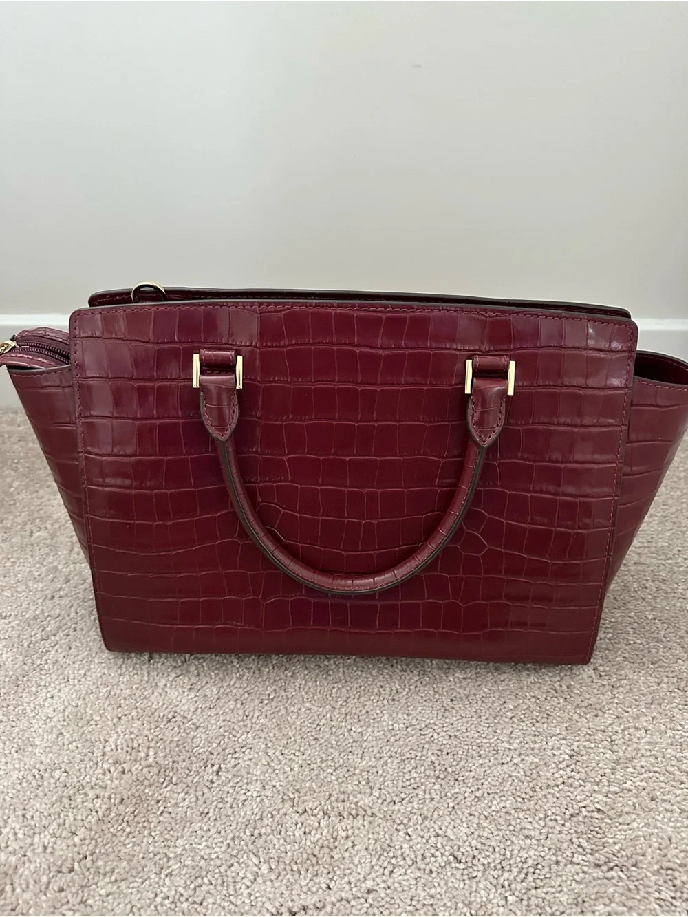 Michael Kors Croc-Embossed Burgundy Satchel with Detachable Strap